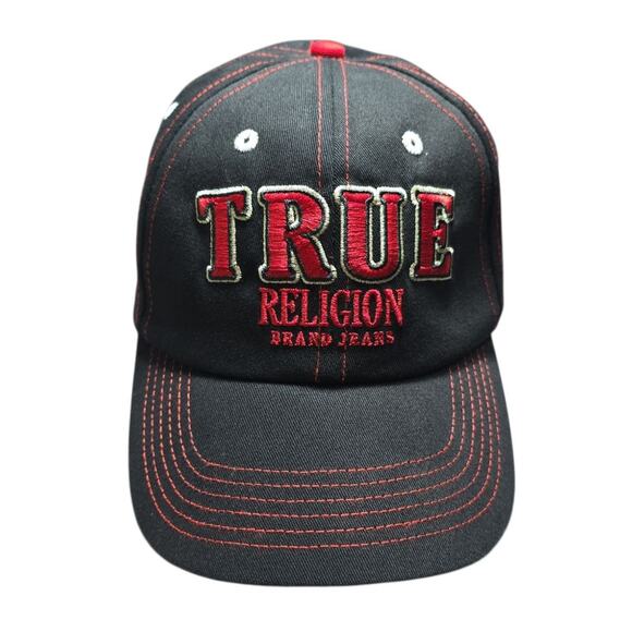 True Religion Black Red Embroidered Hat Mens Adjustable Strapback Cap Streetwear - Picture 2 of 10